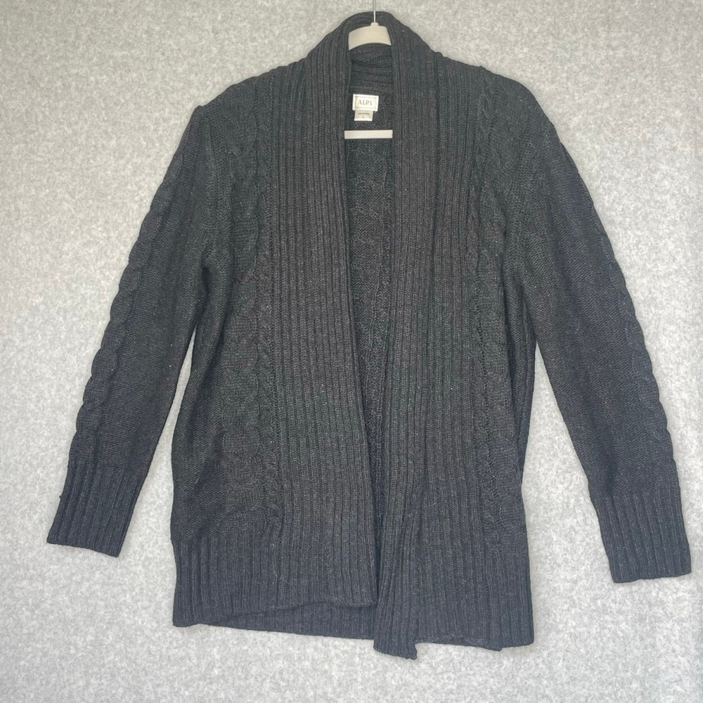 Cable Knit Open Cardigan Sweater ALPS Women L Gray Wool Blend